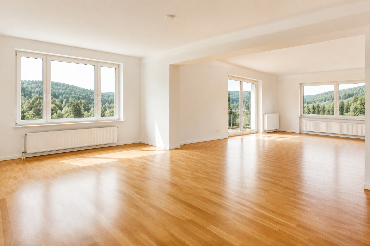 Vollständig geräumtes, lichtdurchflutetes Zimmer mit sauberem Parkett und Blick ins Thüringer Grün
